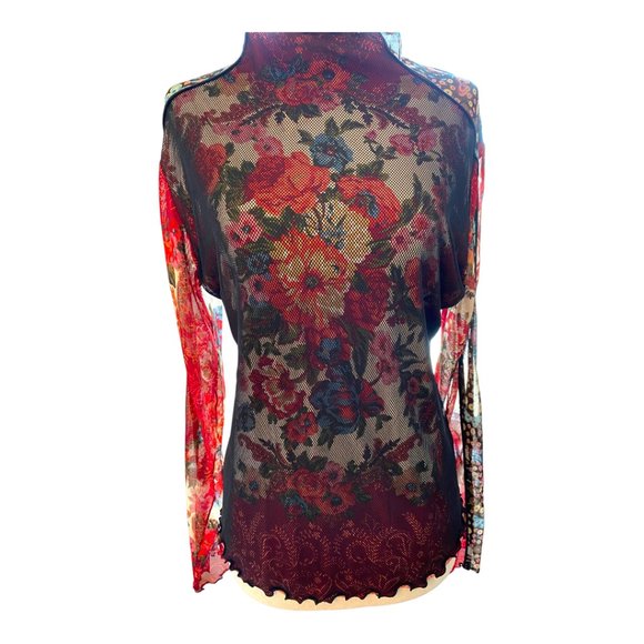 Anac Tops - ANAC Multi-Floral Long Sleeve Y2K Sheer Black & Red Top Size XL